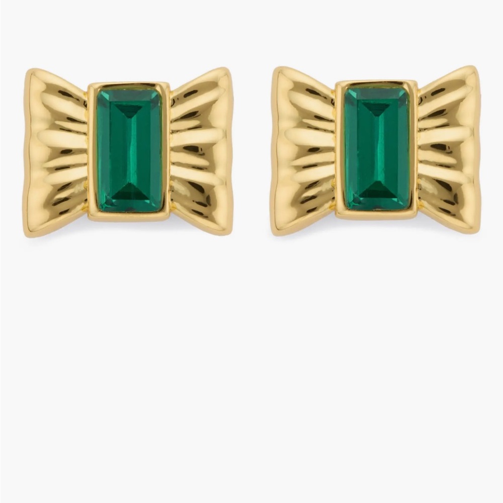 Kurt Geiger London Small Bow Studs Emerald Green Gold NWT